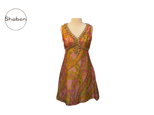 Joesph Magnin 1960s Printed Silk Dress with Embellished Trim