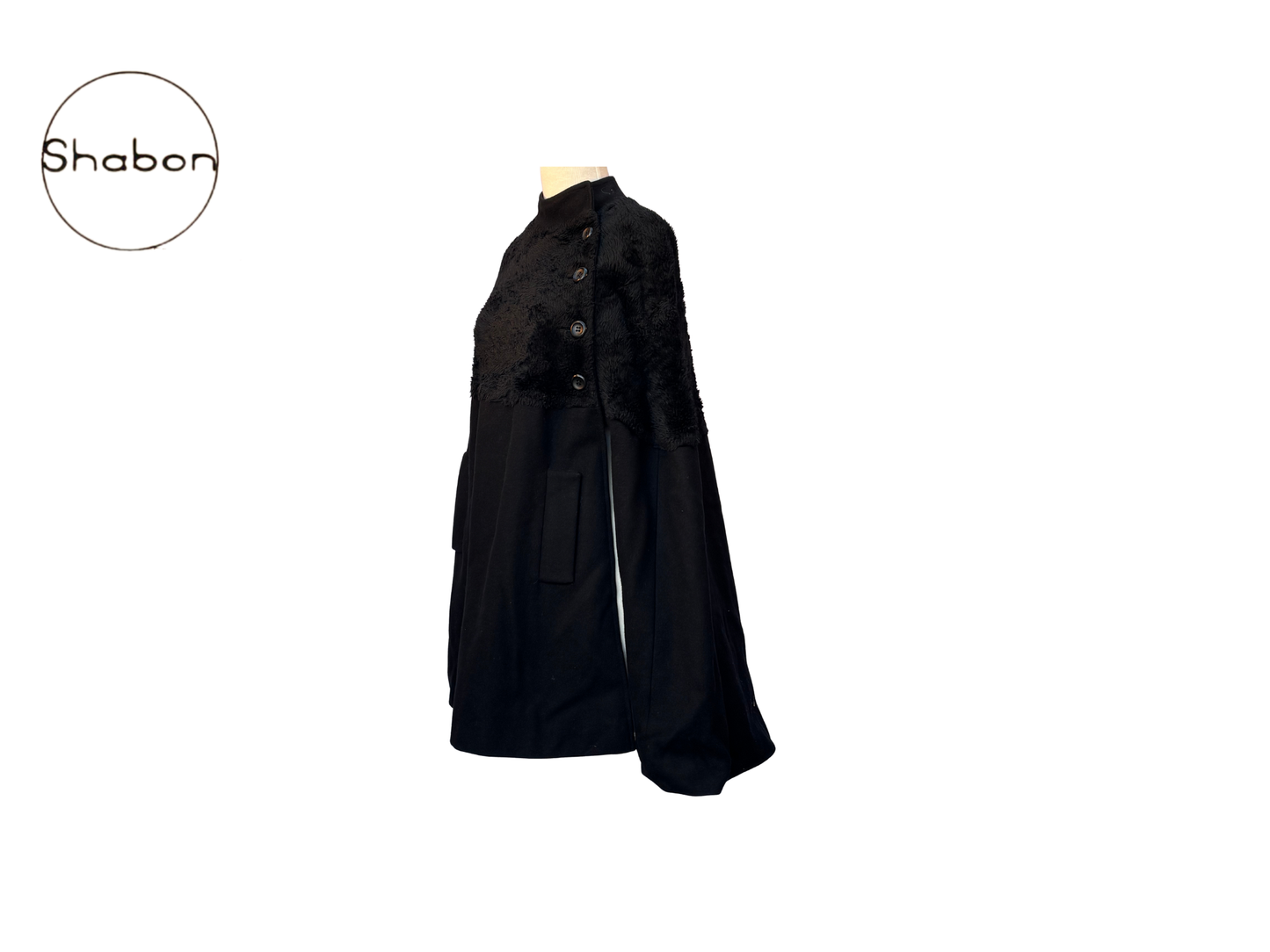 Vintage Black Wool &amp; Velvet Cape Coat